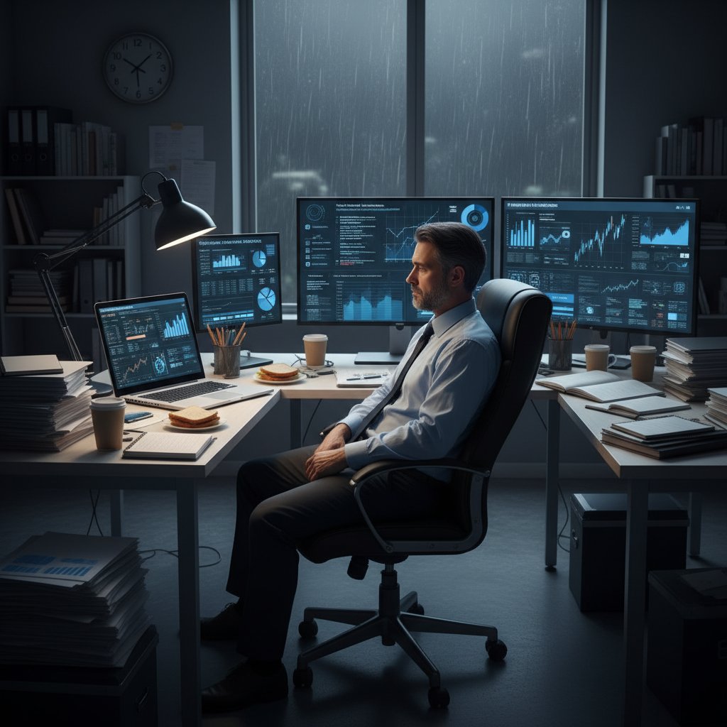 Zmęczona menedżerka przed komputerem późną nocą – ukryte koszty analizy rynku
