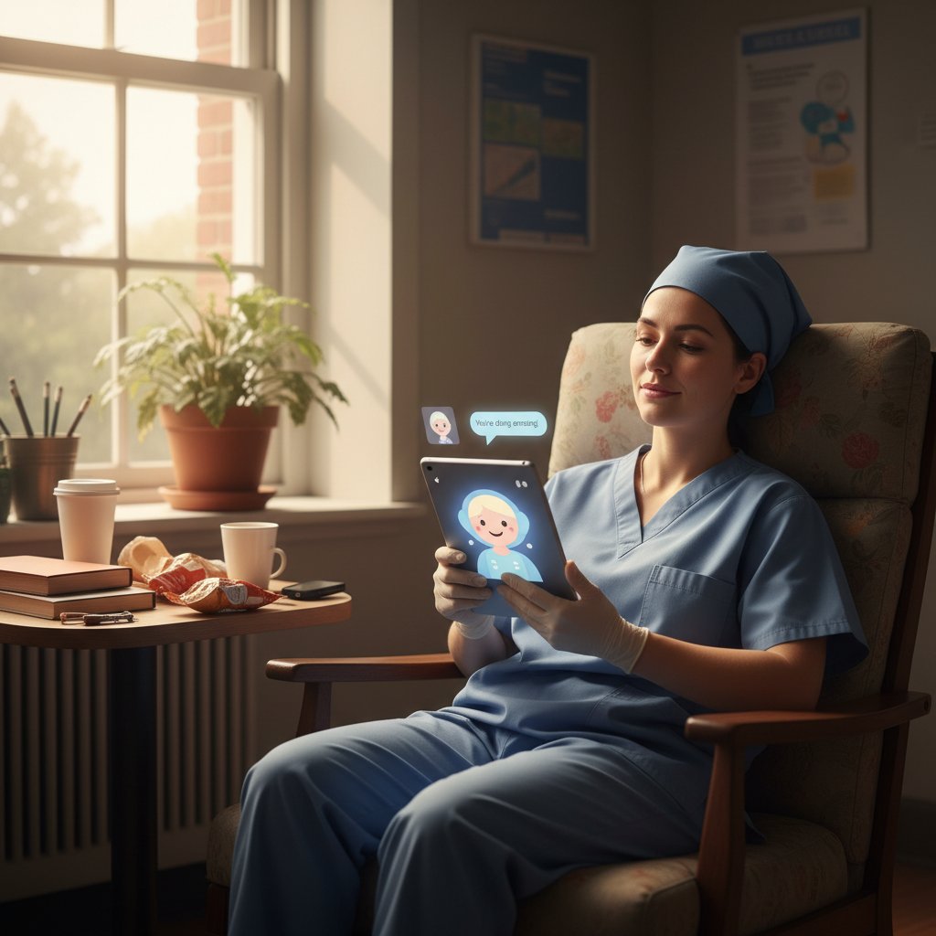 Tired nurse glancing at an AI chatbot screen in a hospital break room, highlighting exhaustion but hopeful progress in healthcare efficiency