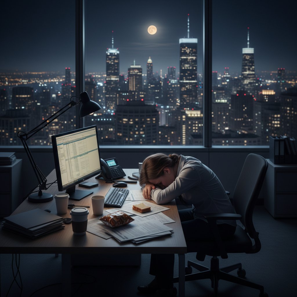 Tired office secretary working late at night in a busy office with city lights outside