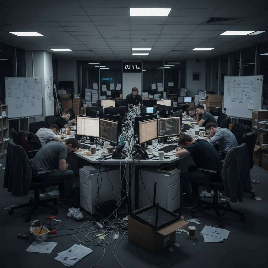 Zespół zmęczonych pracowników w biurze, wyczerpanie widoczne na twarzach, chaos na biurkach