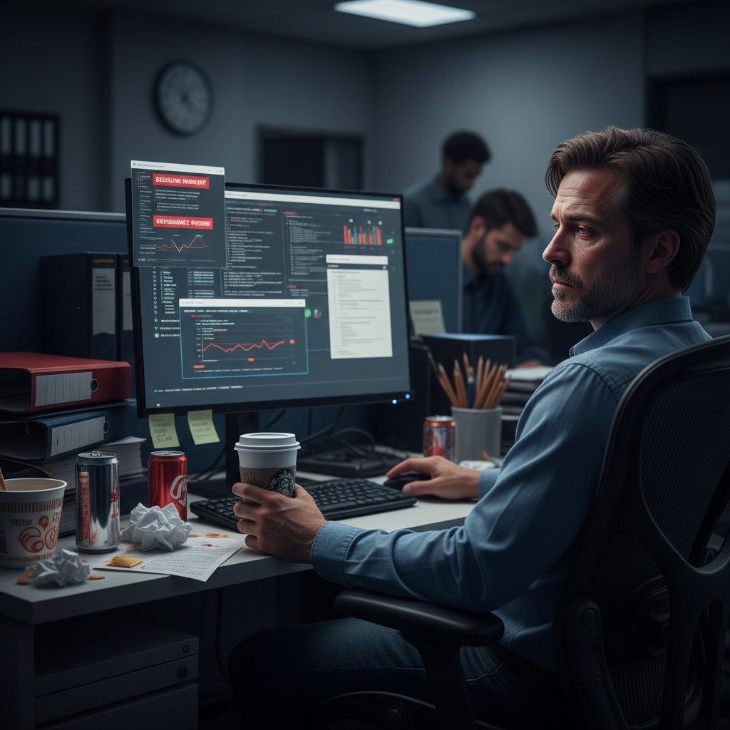 Zmęczony pracownik w biurze, kubek kawy, komputer – symbol wypalenia i presji