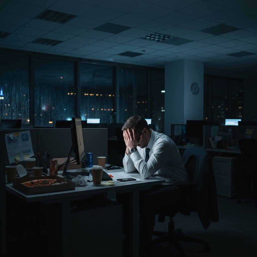 Pracownik z ręką na czole, zmęczony i rozdrażniony, biuro wieczorem