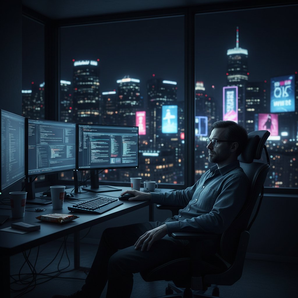 Zmęczony operator z dłońmi na czole, ekran komputera na tle nocnego miasta