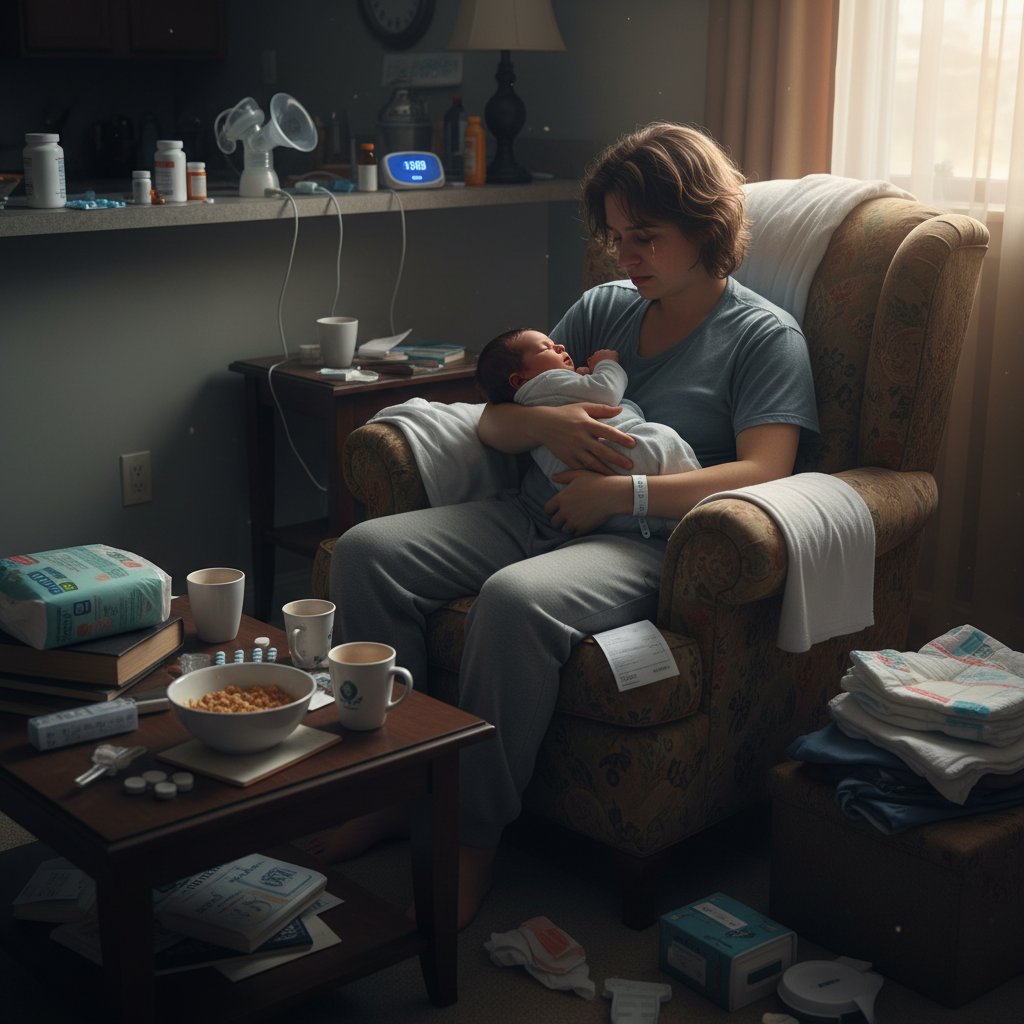 Zmęczony rodzic z niemowlęciem o świcie, medyczne atrybuty w mieszkaniu