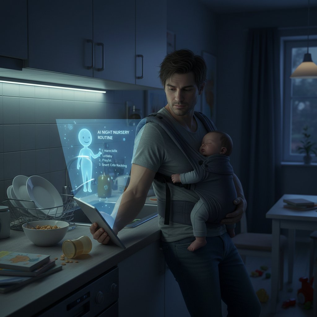 Zmęczony rodzic w polskiej kuchni nocą, kubek w dłoniach, telefon sugerujący wsparcie AI, atmosfera ciężka i pełna nadziei, rodzicielstwo pod presją