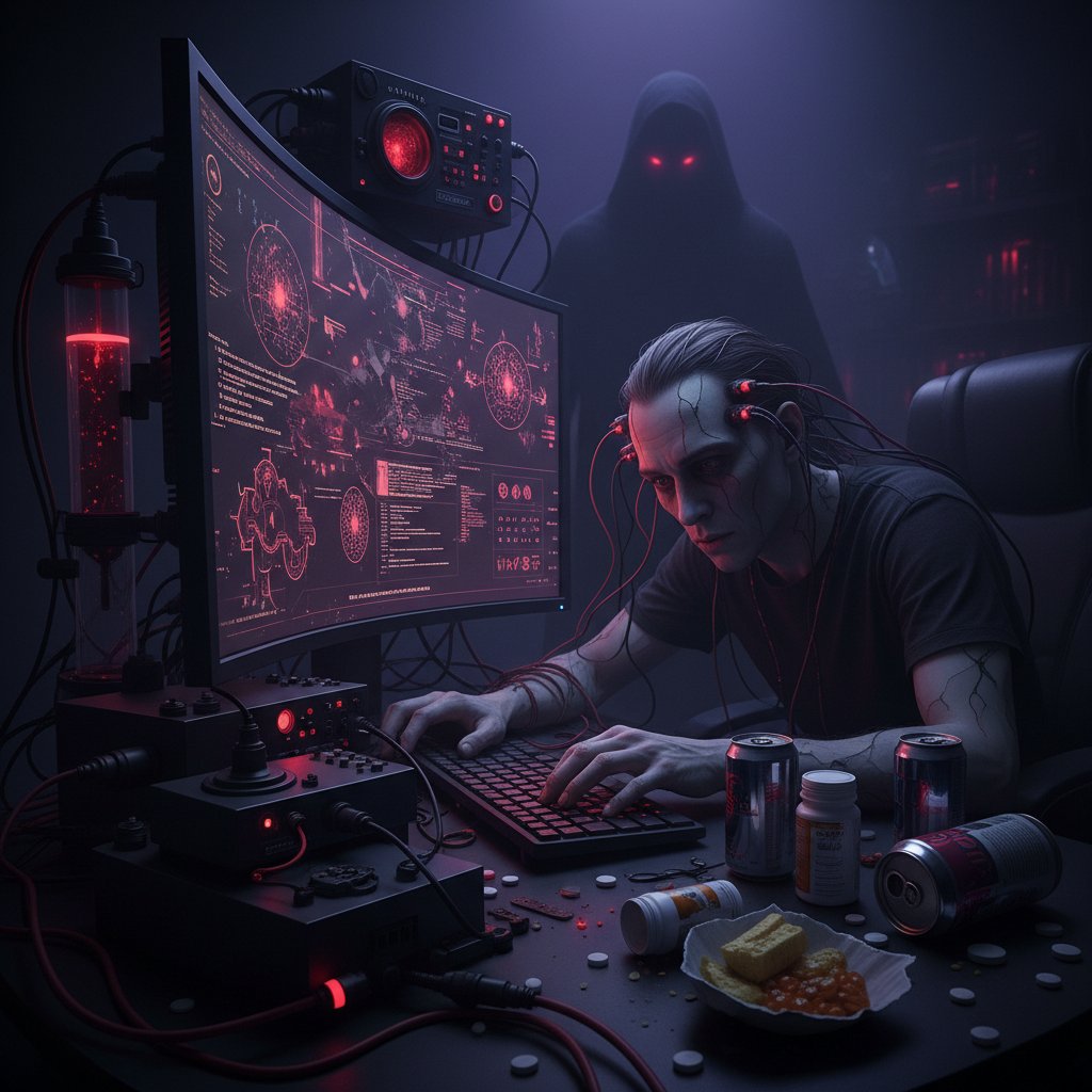 Osoba przemęczona przy komputerze – ciemna strona biohackingu i cyfrowego treningu