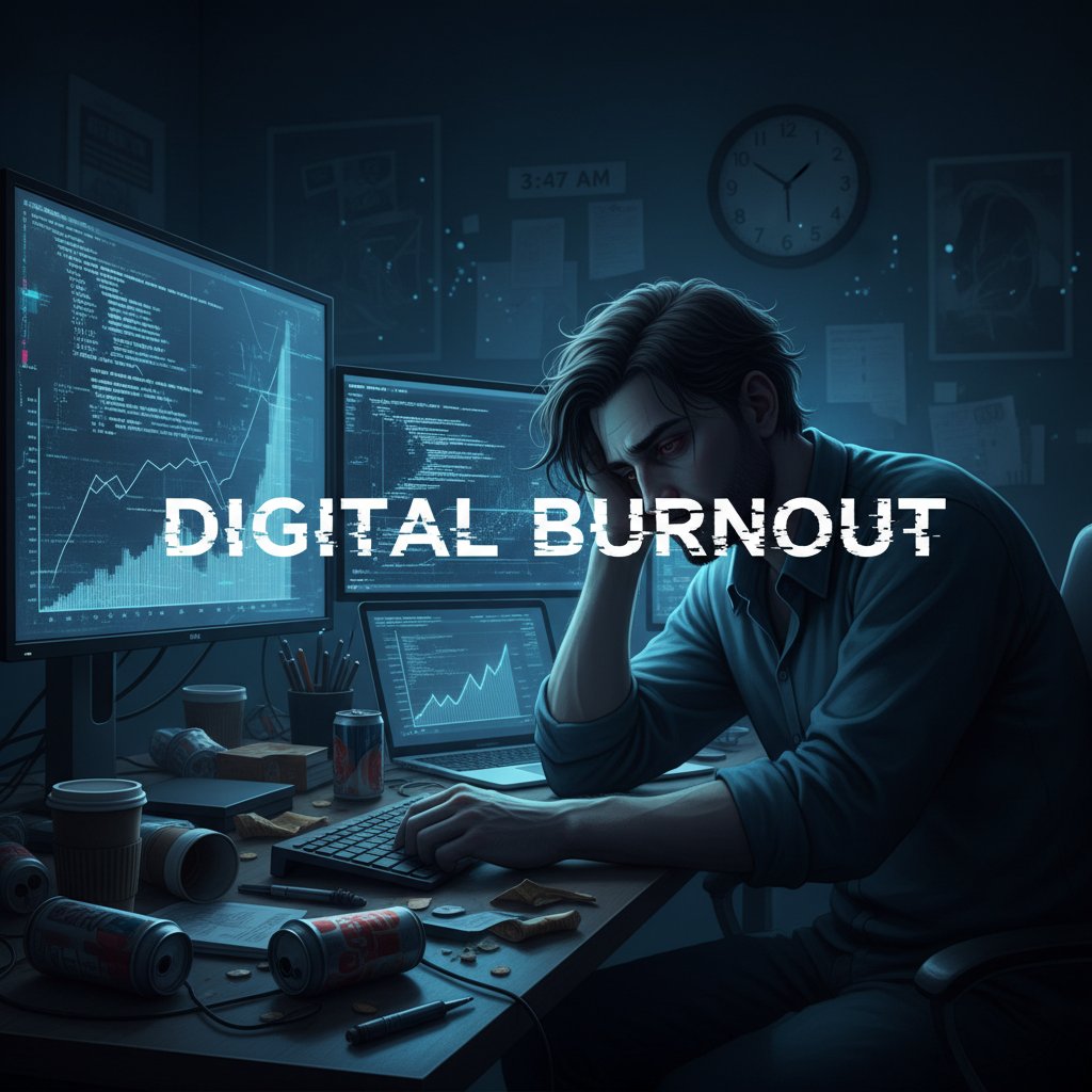 Osoba zmęczona przed komputerem, objawy cyfrowego wypalenia