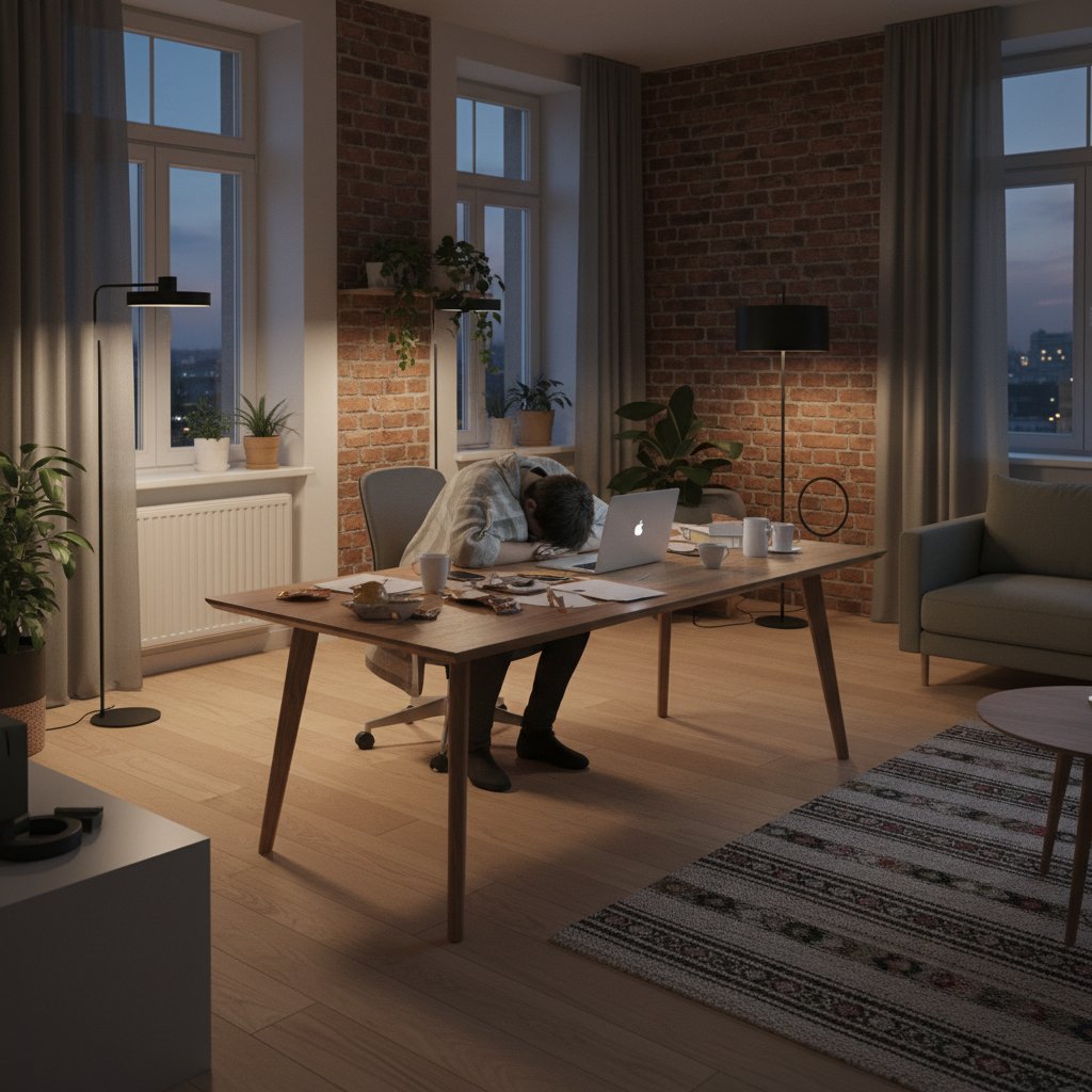 Osoba ignorująca objawy zmęczenia przy komputerze, światło dzienne, domowe otoczenie