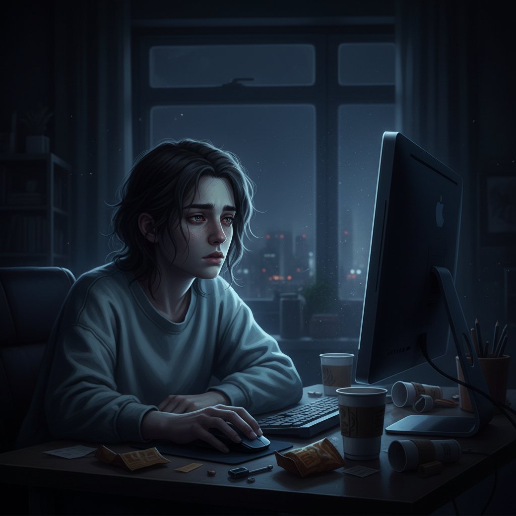 Zbliżenie na zmęczoną osobę siedzącą nocą przy komputerze, światło ekranu oświetla twarz, poczucie izolacji