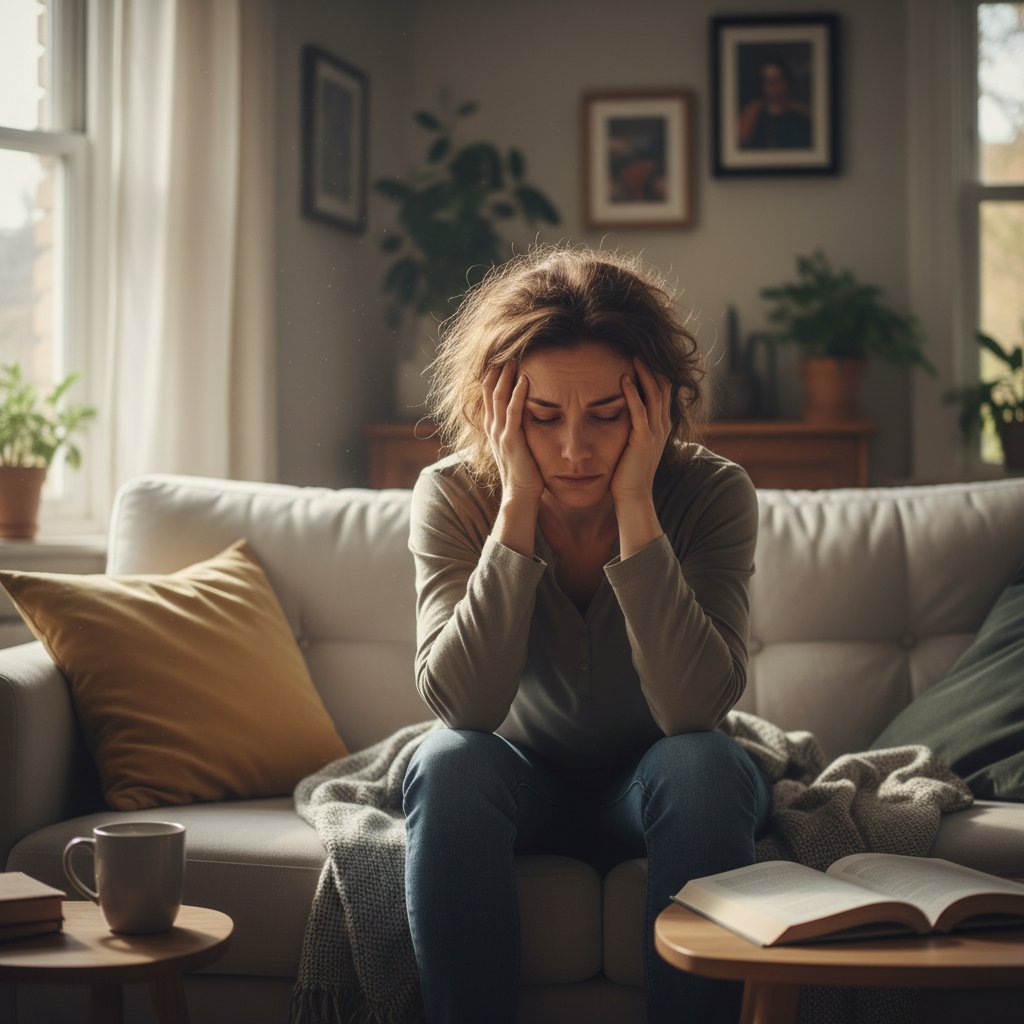 Osoba trzymająca się za głowę, wyraźne zmęczenie, domowe wnętrze, światło naturalne