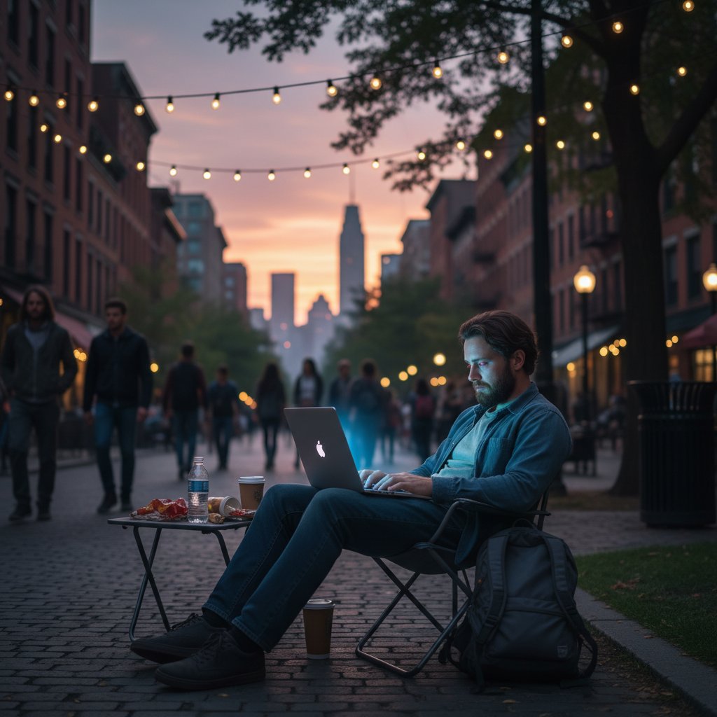 Zmęczona osoba patrząca w ekran laptopa, zniechęcenie, wieczorne światło, miejska przestrzeń