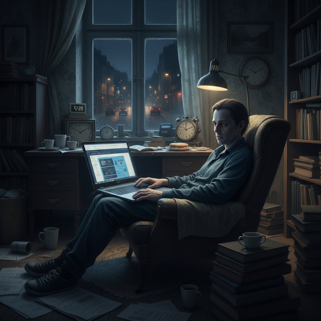 Zmęczona osoba przy komputerze szukająca porad medycznych w nocy, zegary i napięcie
