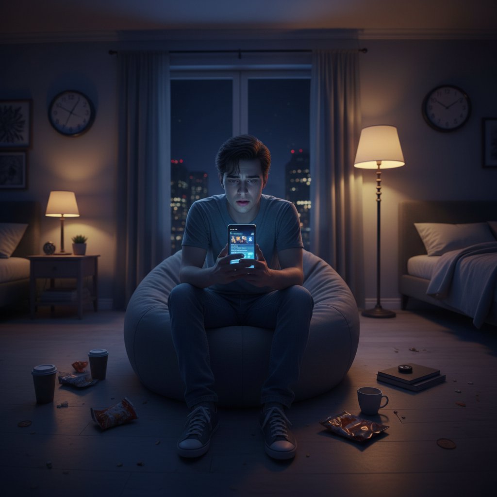 Osoba przy komputerze pracująca do późnej nocy, zmęczona zarządzaniem social media ręcznie