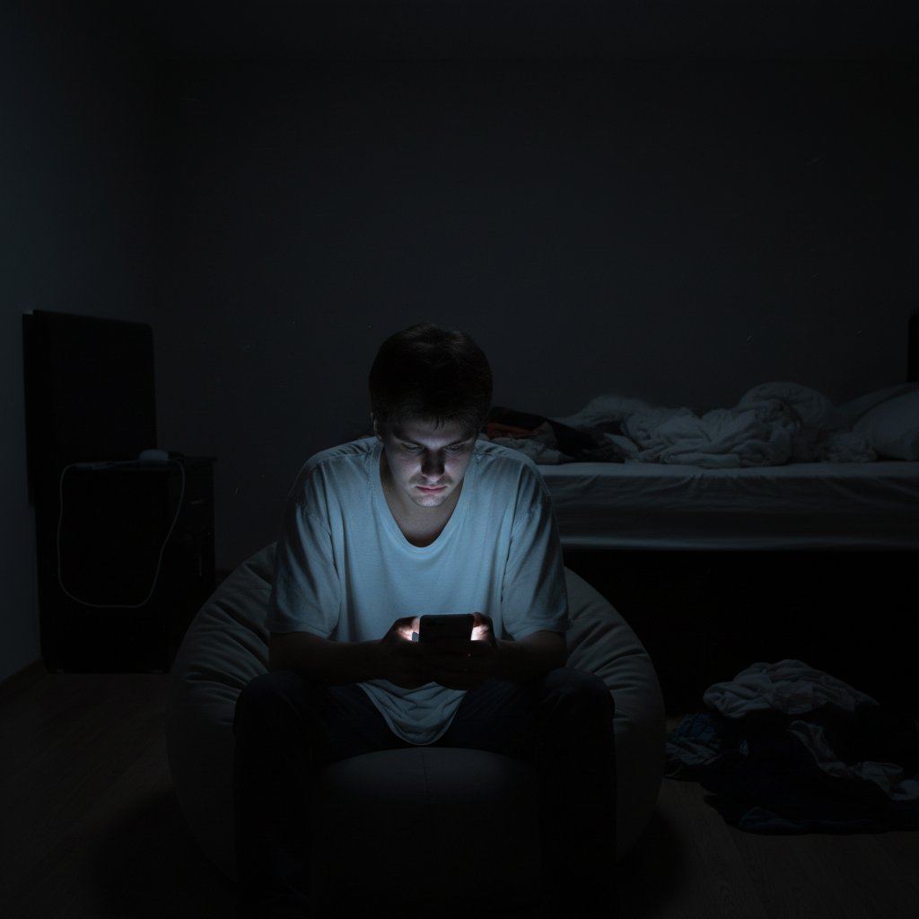 Zmęczona osoba patrząca w ekran telefonu w ciemnym pokoju