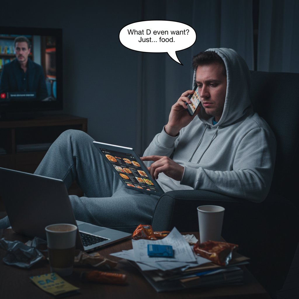 Zmęczona osoba rozważająca zamówienie jedzenia – granice samodzielności w gotowaniu
