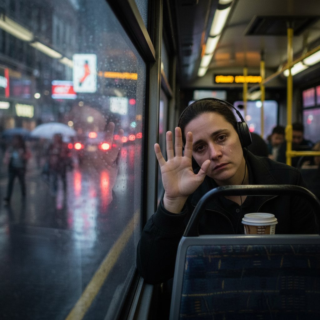 Osoba zmęczona siedząca w miejskim autobusie, patrząca zamyślonym wzrokiem przez okno, ilustracja problemu z nastrojem