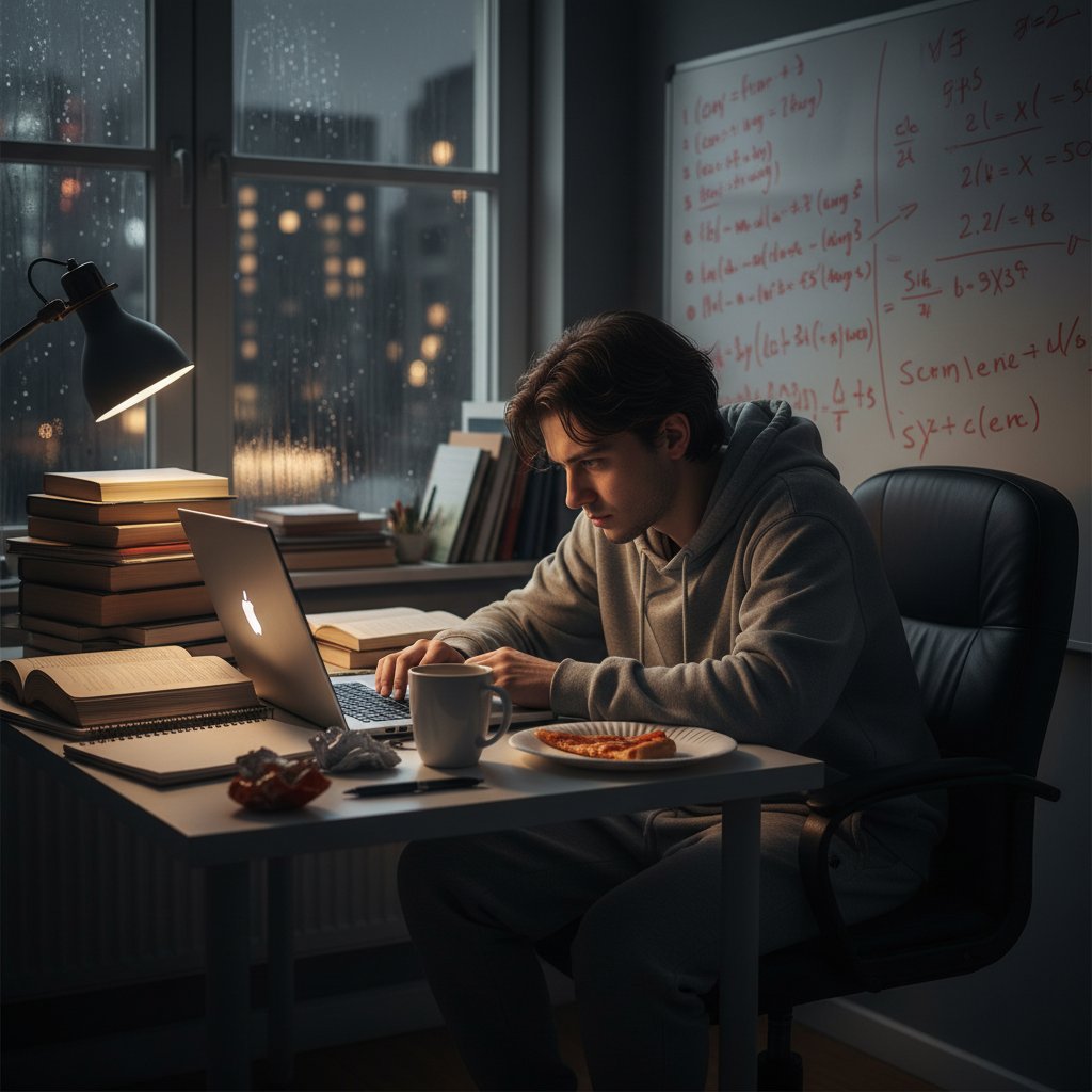 A tired PhD student surrounded by papers and a laptop late at night, symbolizing academic overload and need for AI help