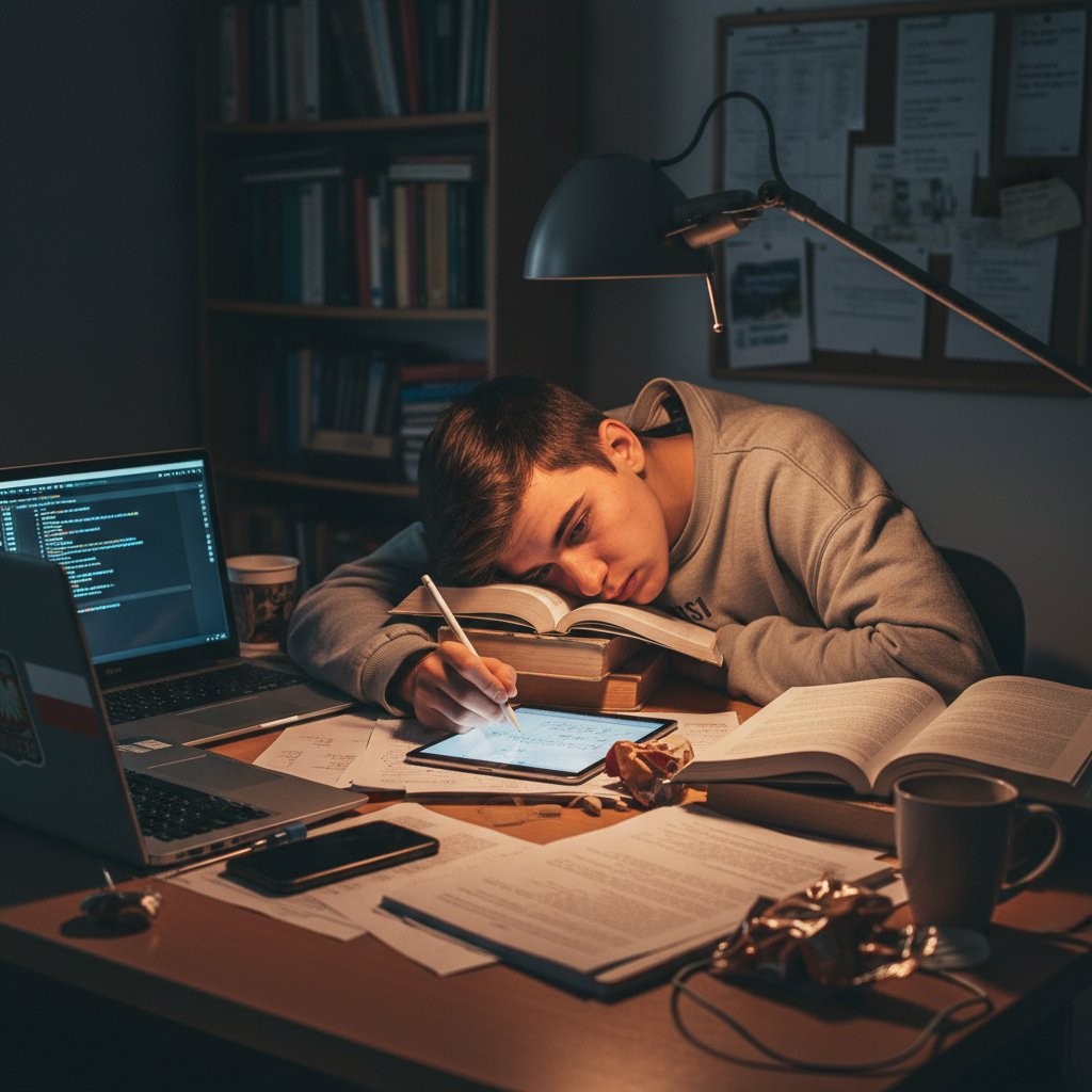 Zmęczony polski uczeń otoczony podręcznikami, laptopem i telefonem, noc i ostre światło lampki biurkowej – symbol chaosu nauki
