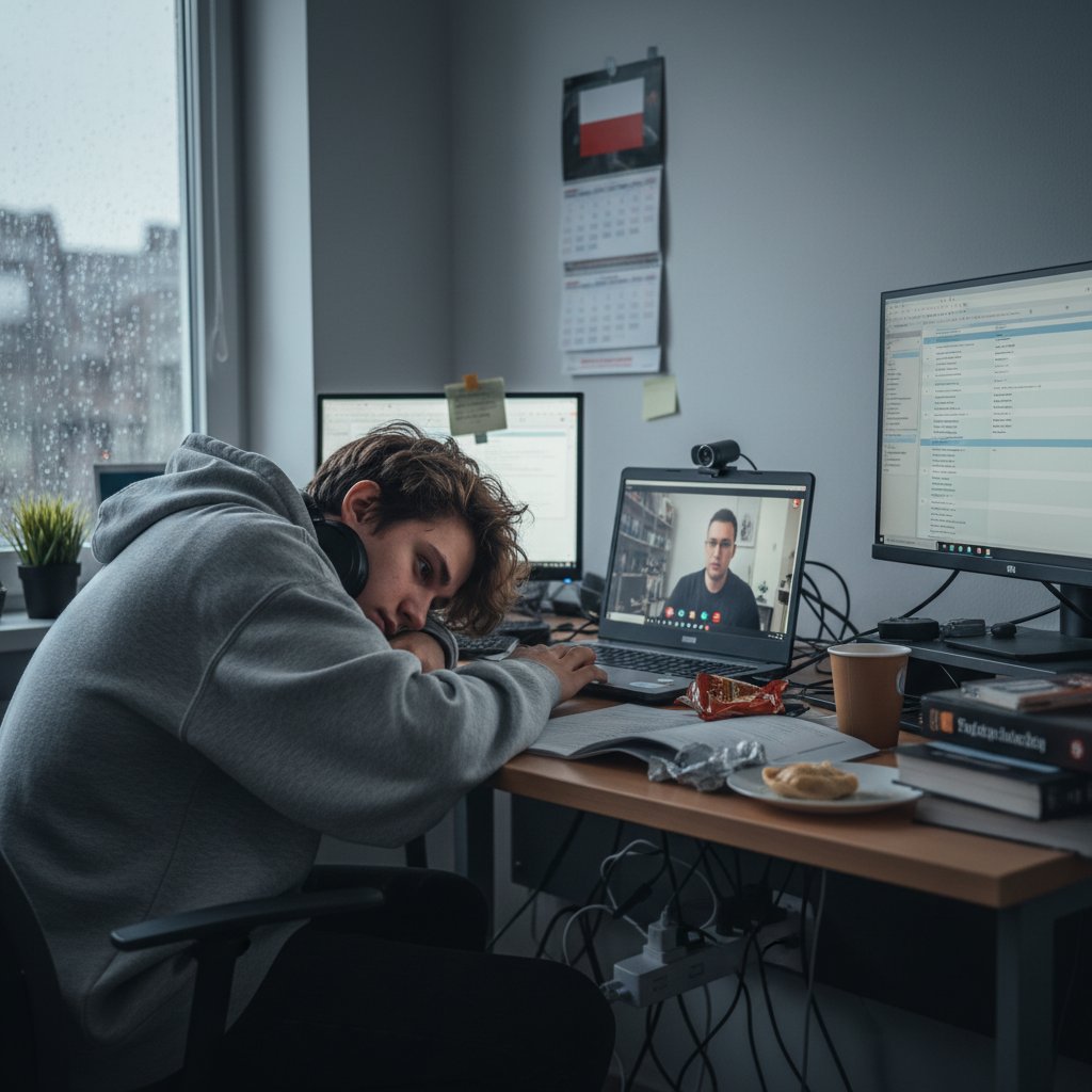 Zmęczony polski uczeń z głową opartą o biurko, otoczony sprzętem do nauki online