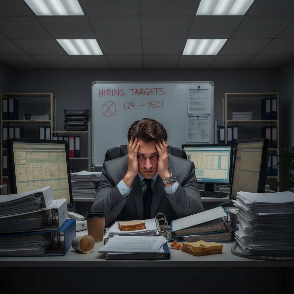 Zmęczony rekruter patrzący na ekran komputera wśród stosu dokumentów