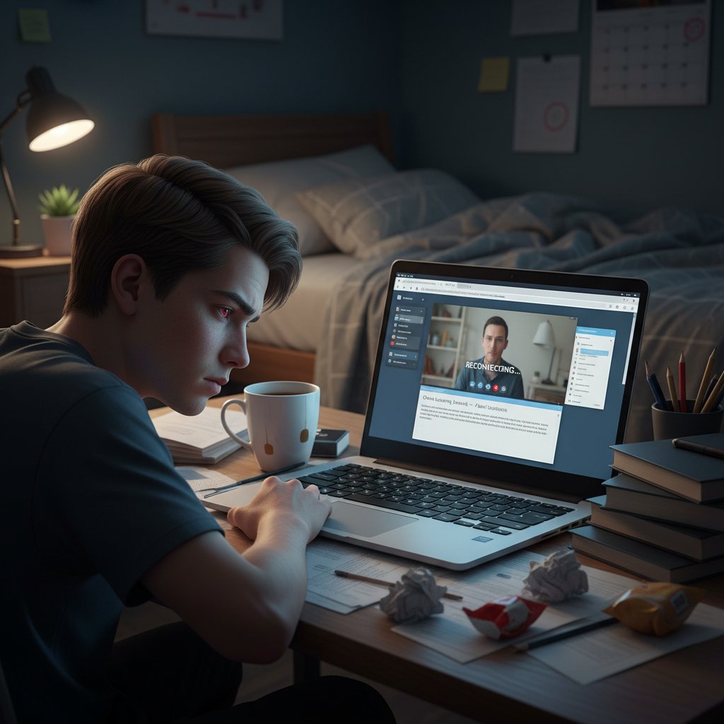 Uczeń z laptopem, zdezorientowany i zmęczony, otoczony książkami i filiżanką kawy – pułapki nauki online