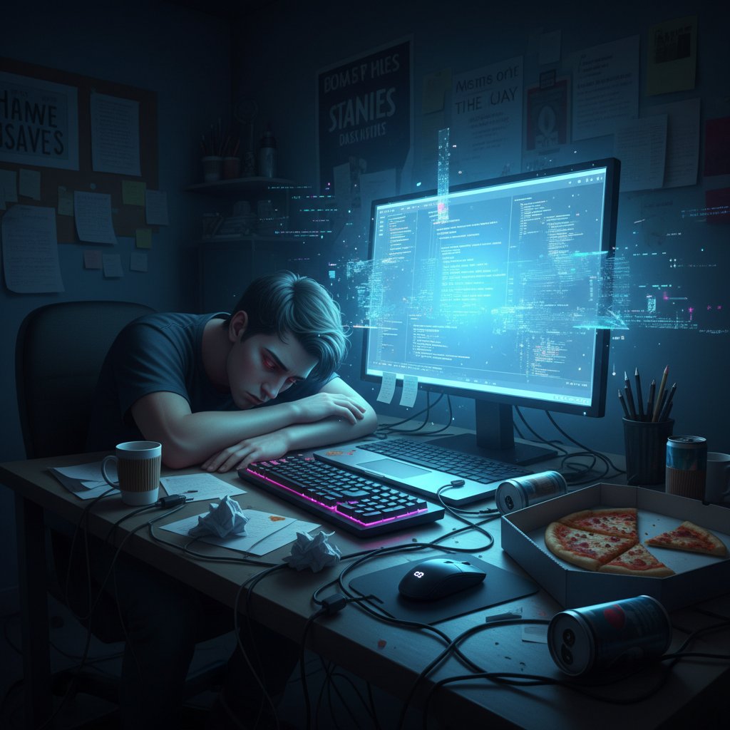 Uczeń zmęczony przed monitorem, głowa oparta na rękach, zmęczenie cyfrowe