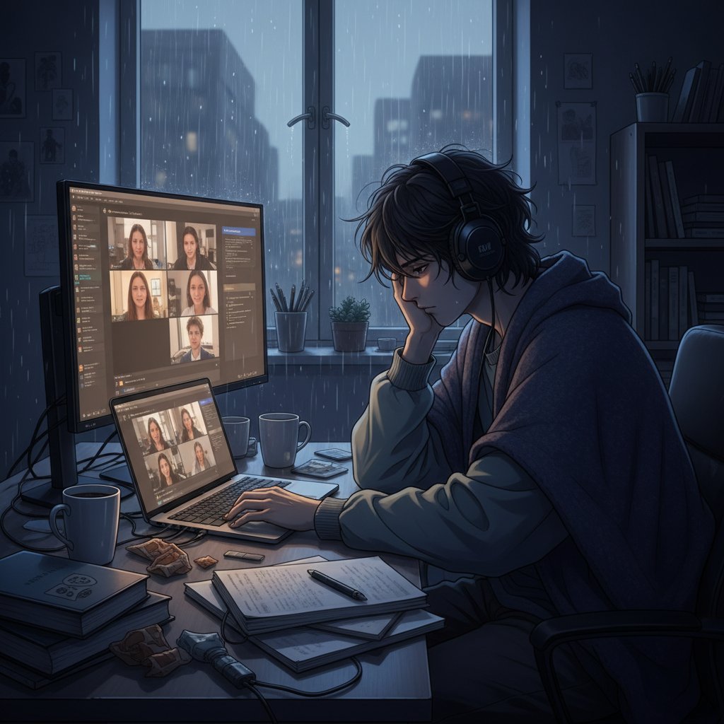 Zamknięty w pokoju uczeń patrzy zmęczony na ekran – trudności w nauce online