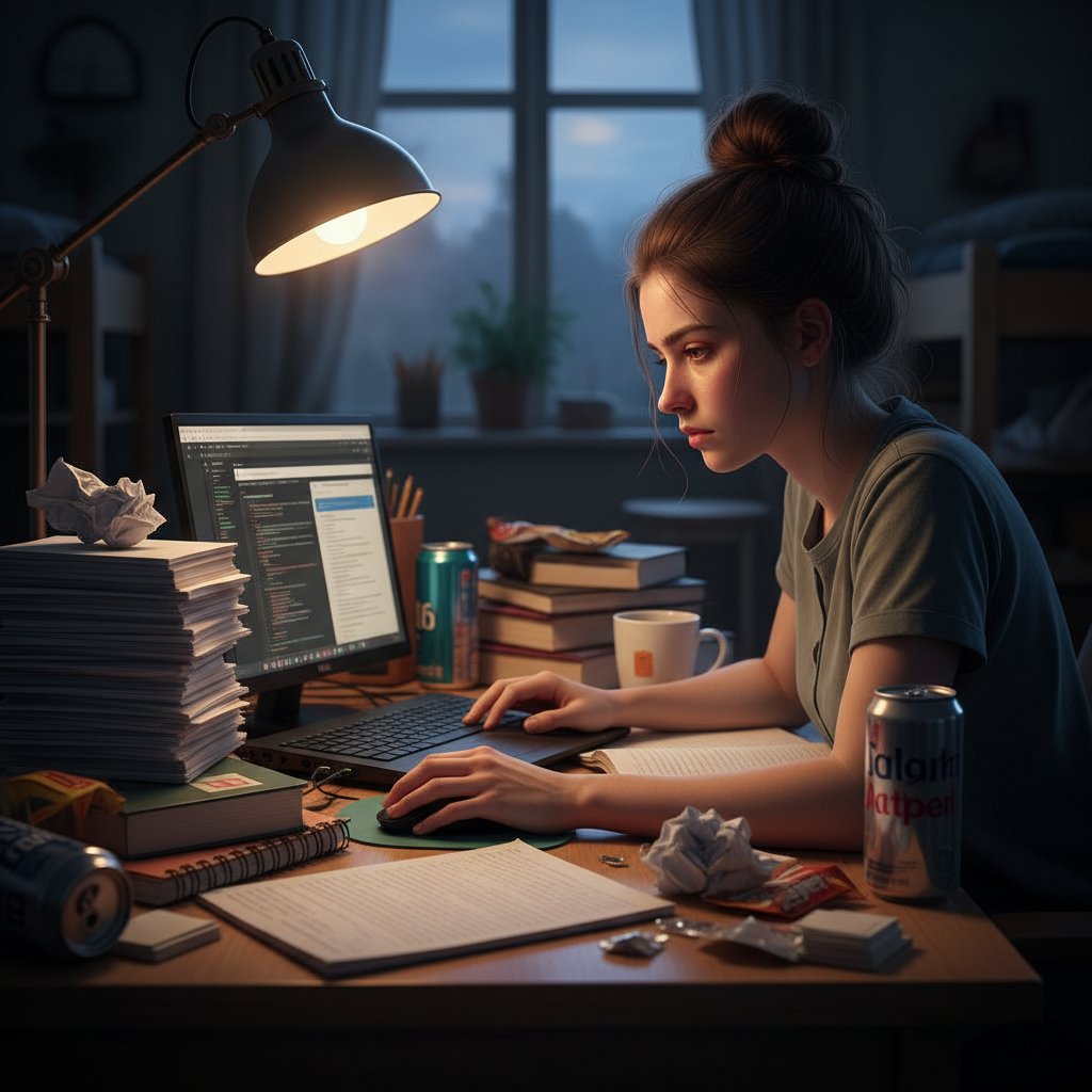 Zmęczony uczeń przed komputerem otoczony materiałami do nauki, wyraz twarzy zdradza wyczerpanie