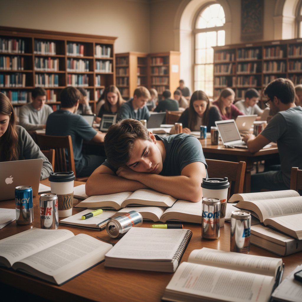 Zmęczony student, otoczony książkami i napojami energetycznymi, siedzi w zatłoczonej bibliotece podczas nocnej nauki