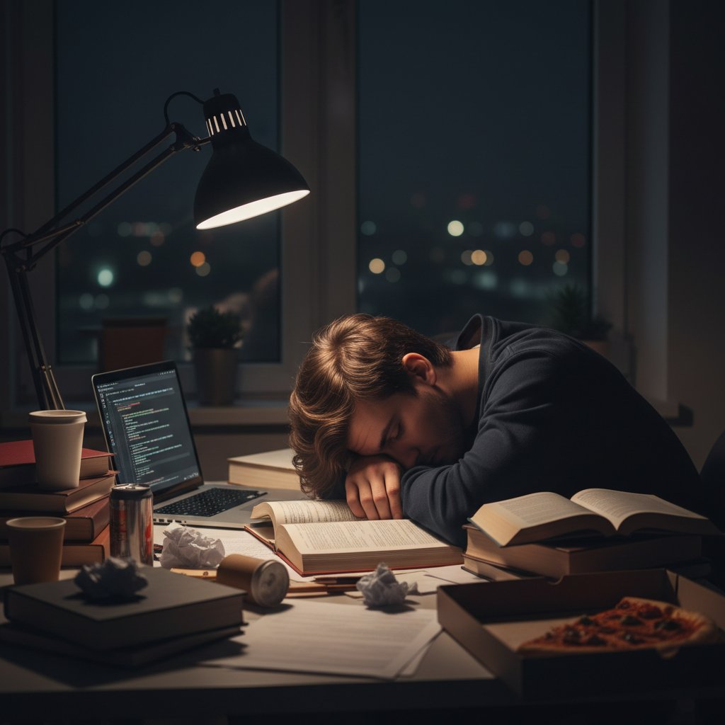 Zmęczony uczeń przy biurku późną nocą, stosy książek, ciemne światło