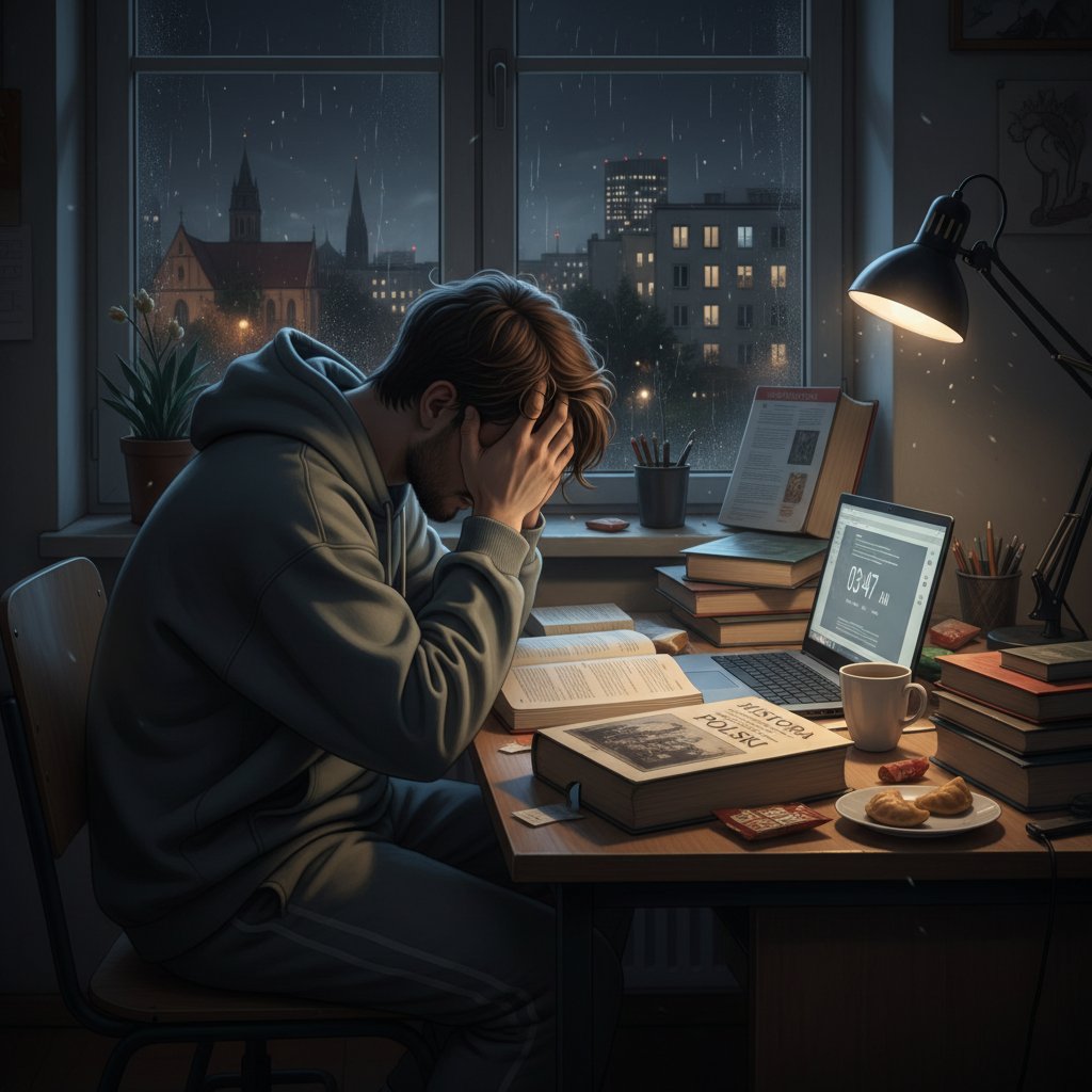 Zmęczony student, głowa w dłoniach przed komputerem, stos książek, nocna atmosfera, Polska