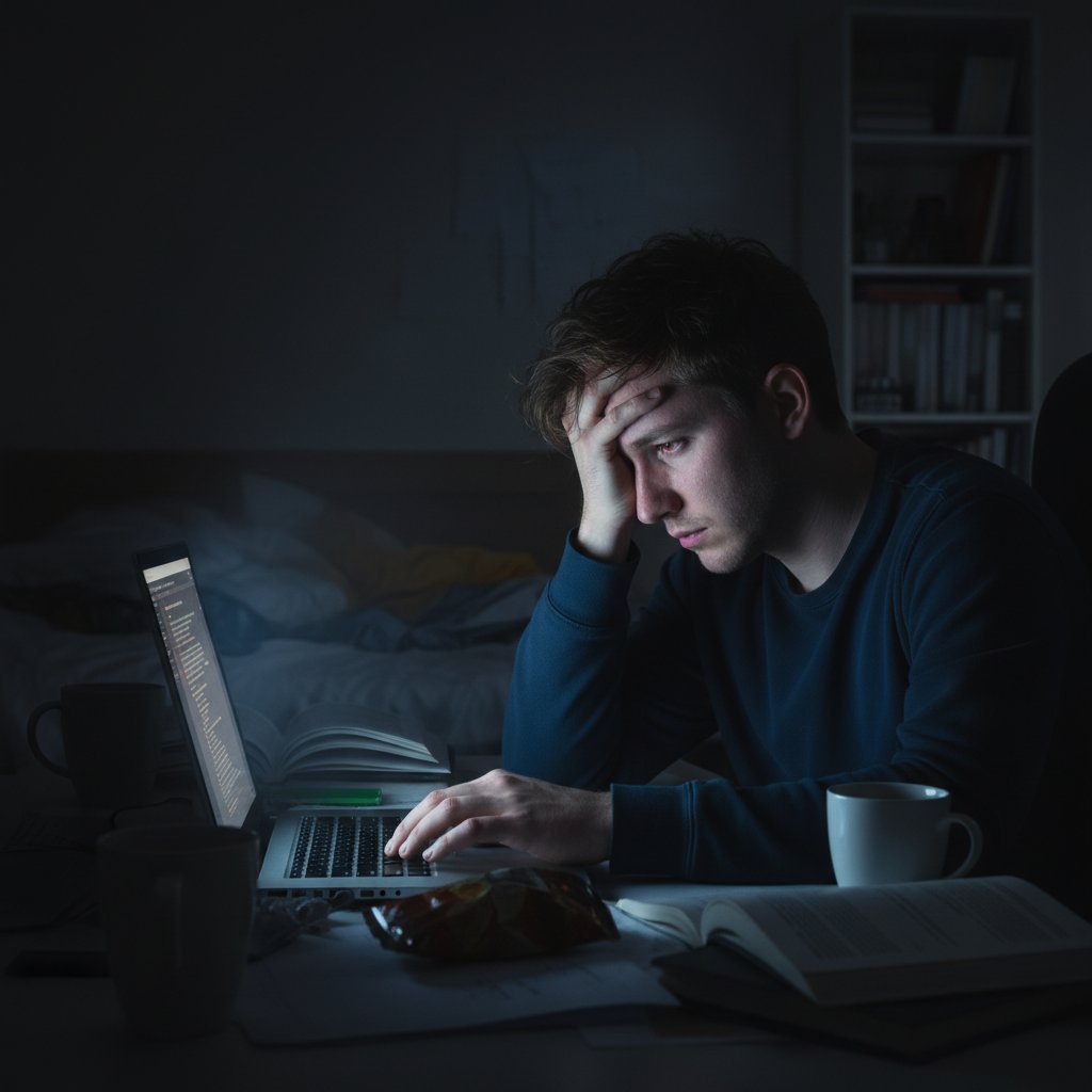 Znużony uczeń patrzący w ekran laptopa, ciemne pomieszczenie, zmęczenie i frustracja