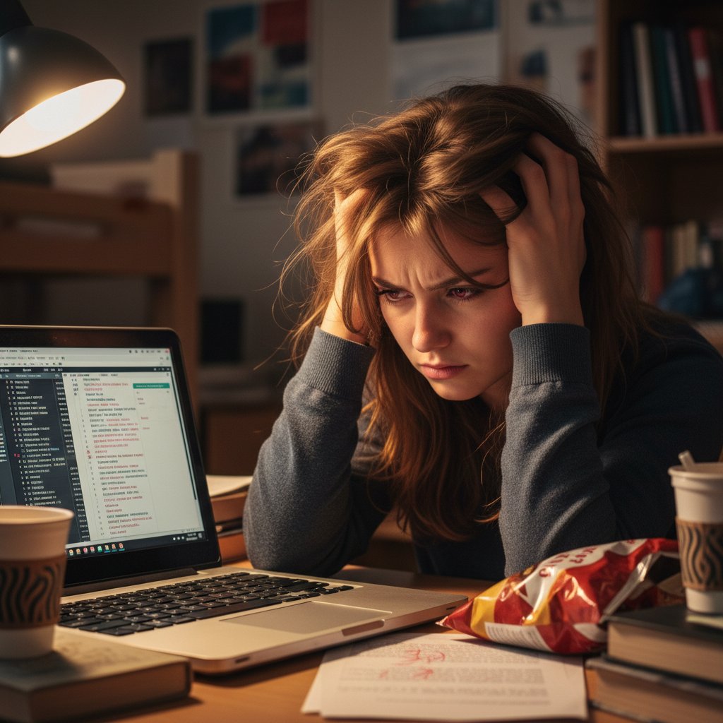 Uczeń patrzący zrezygnowany na ekran laptopa, zmęczenie, początek rezygnacji