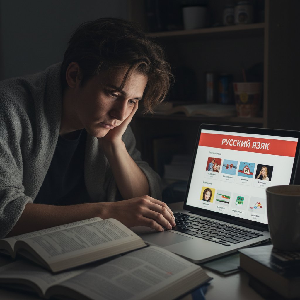 Zmęczony uczeń patrzy na ekran laptopa podczas nauki rosyjskiego