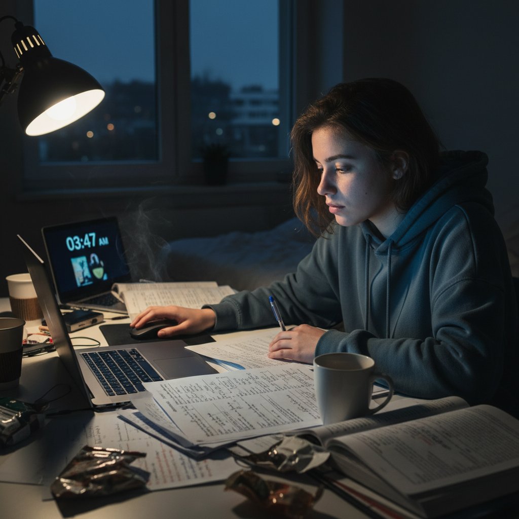 Studentka zmęczona nauką online, zamyślona przy laptopie i notatkach do francuskiego