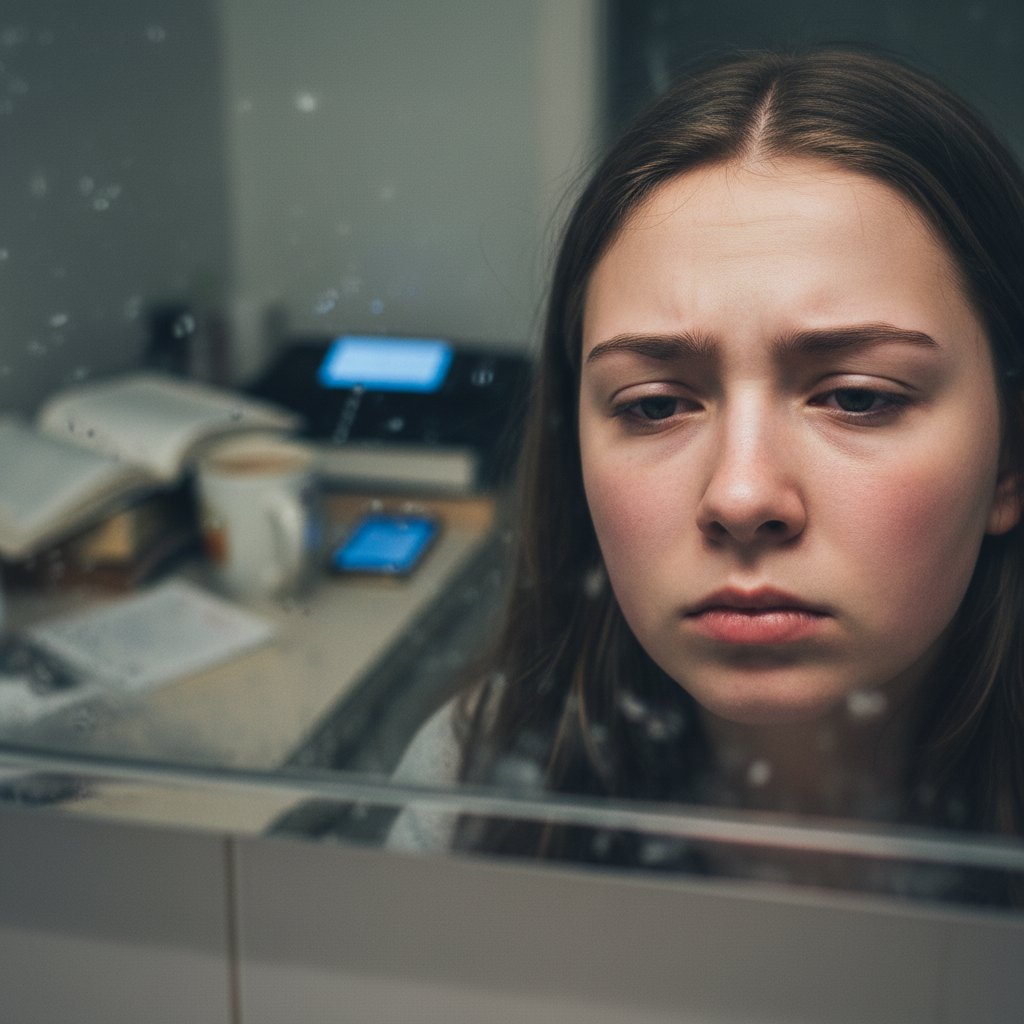 Nastolatka patrząca w lustro, zmęczona i zamyślona