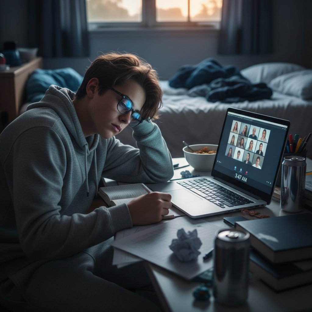 Zmęczony nastolatek siedzi przy biurku z laptopem, oznaki wypalenia cyfrowego podczas nauki online
