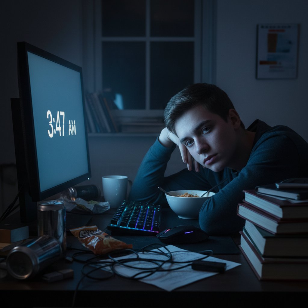 Zmęczony uczeń podczas późnej nauki zdalnej, korepetycje zajęcia zdalne, ekran komputera, wieczór