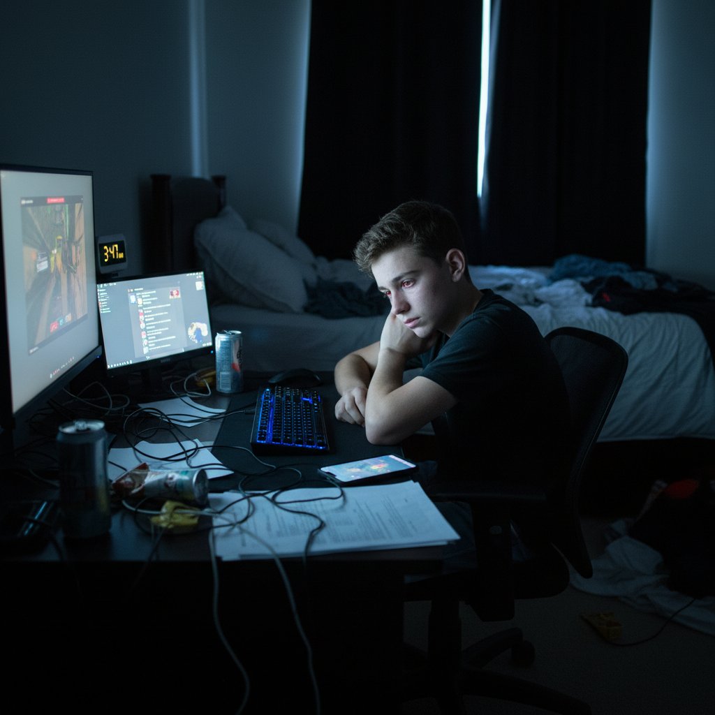 Nastolatek oparty o biurko, zmęczony po długiej nauce online, ciemny pokój, słowa kluczowe: wypalenie ucznia, screen time, cyfrowa edukacja