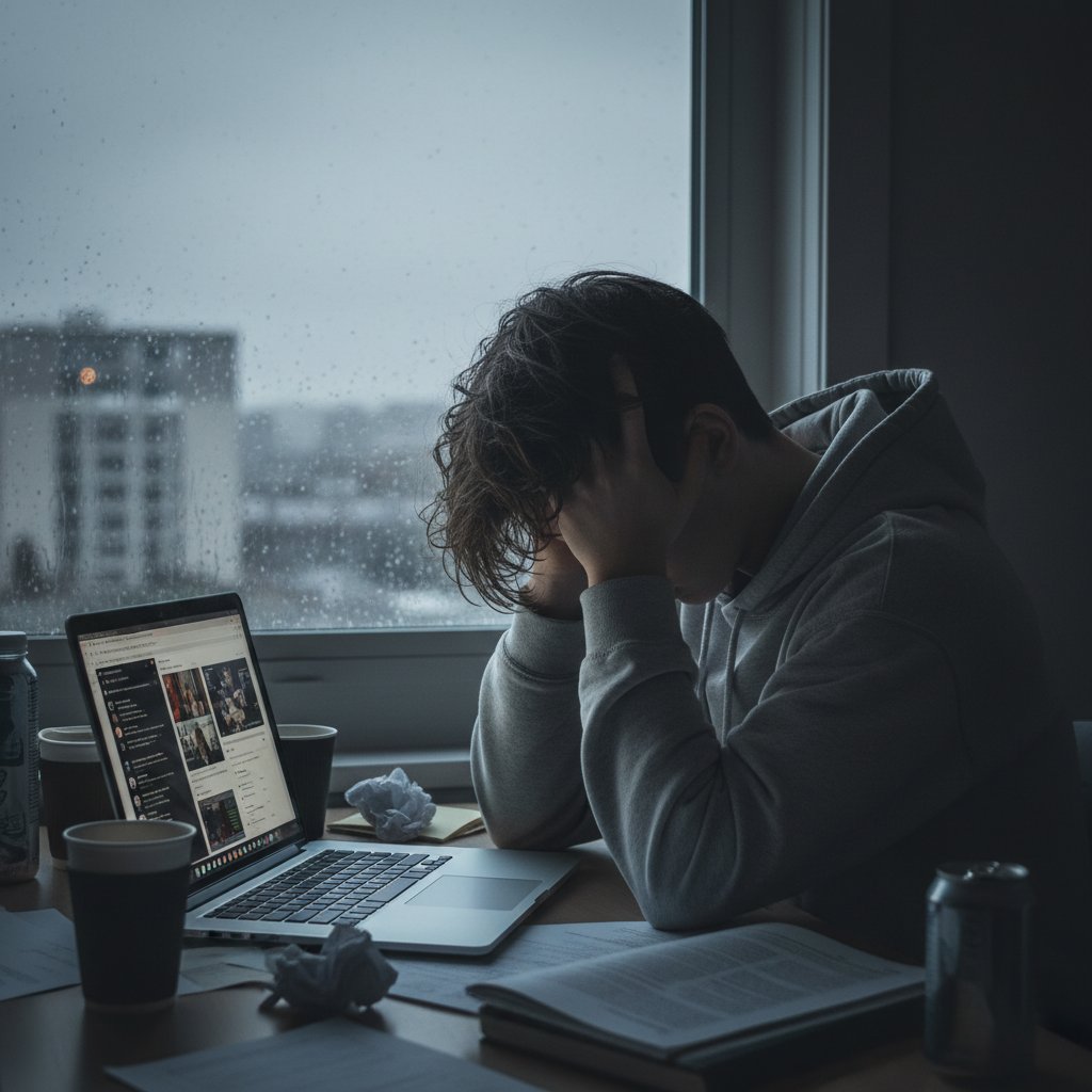 Zmęczony nastolatek z głową opartą o ręce, przed laptopem – obraz ukazuje wypalenie i zmęczenie nauką online