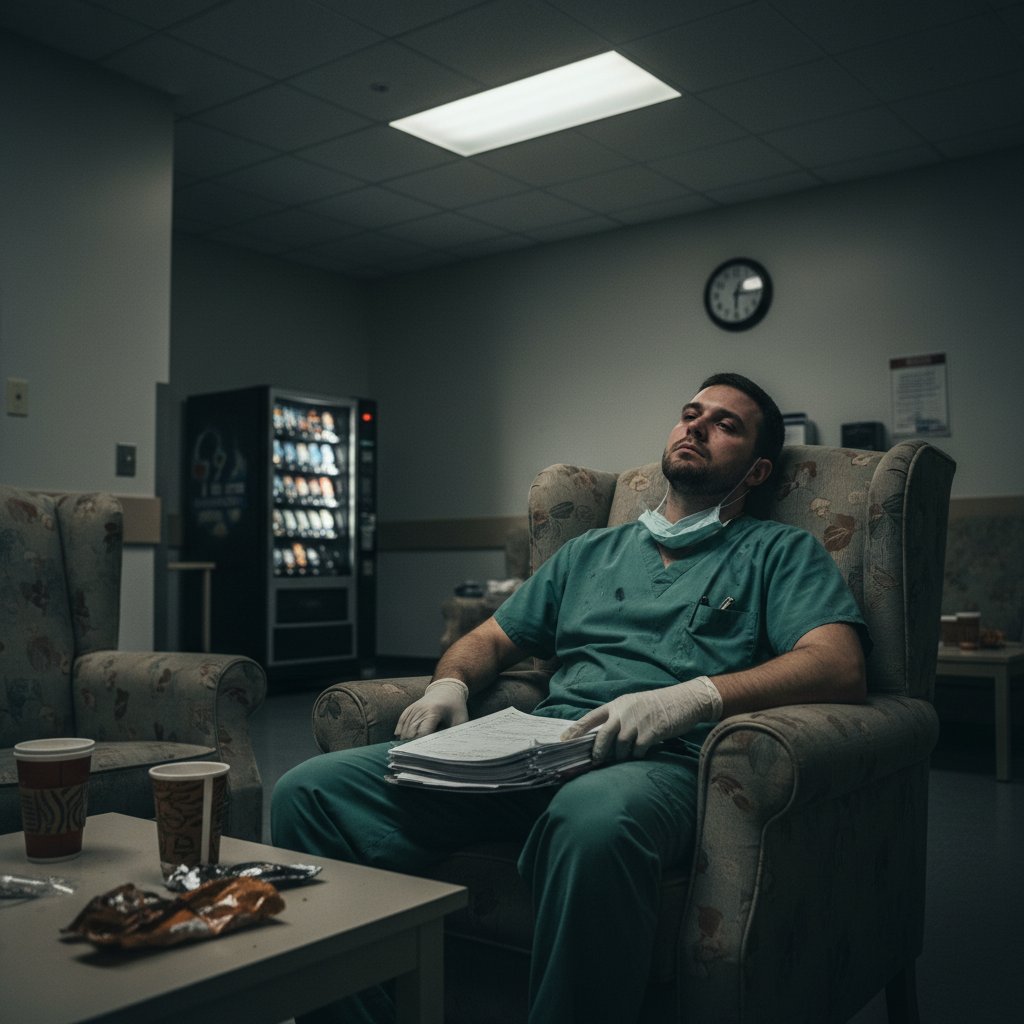 Zmęczony traumatolog odpoczywa w pokoju socjalnym, wyczerpanie po dyżurze, szpital