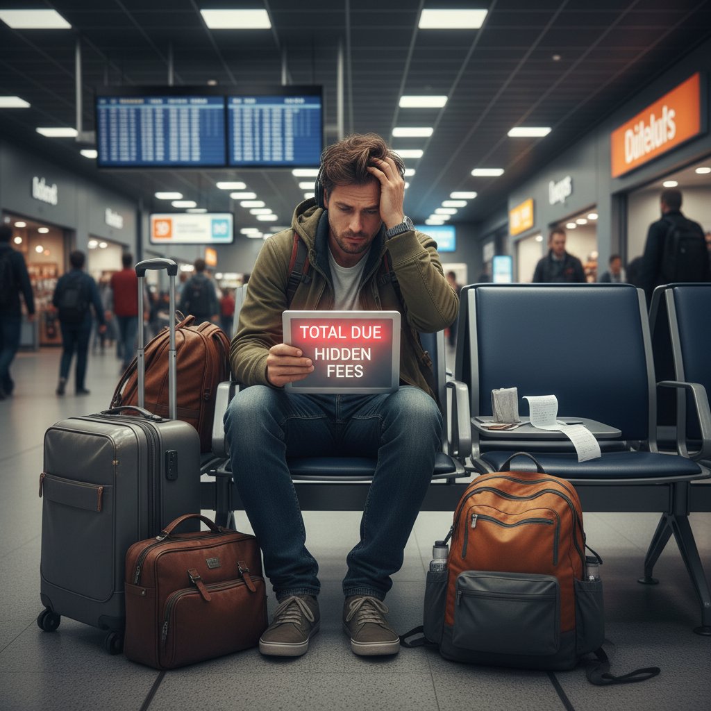 Zmęczona podróżna na lotnisku, rozczarowanie po „tanim” locie z ukrytymi opłatami