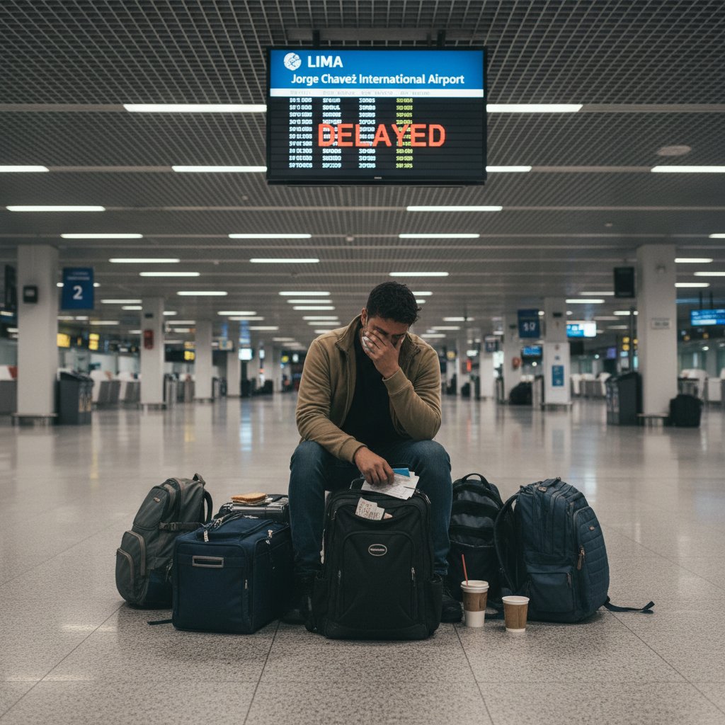 Zmęczony podróżnik śpiący na ławce w hali odlotów, otoczony bagażami, ilustracja frustracji podczas podróży do Limy