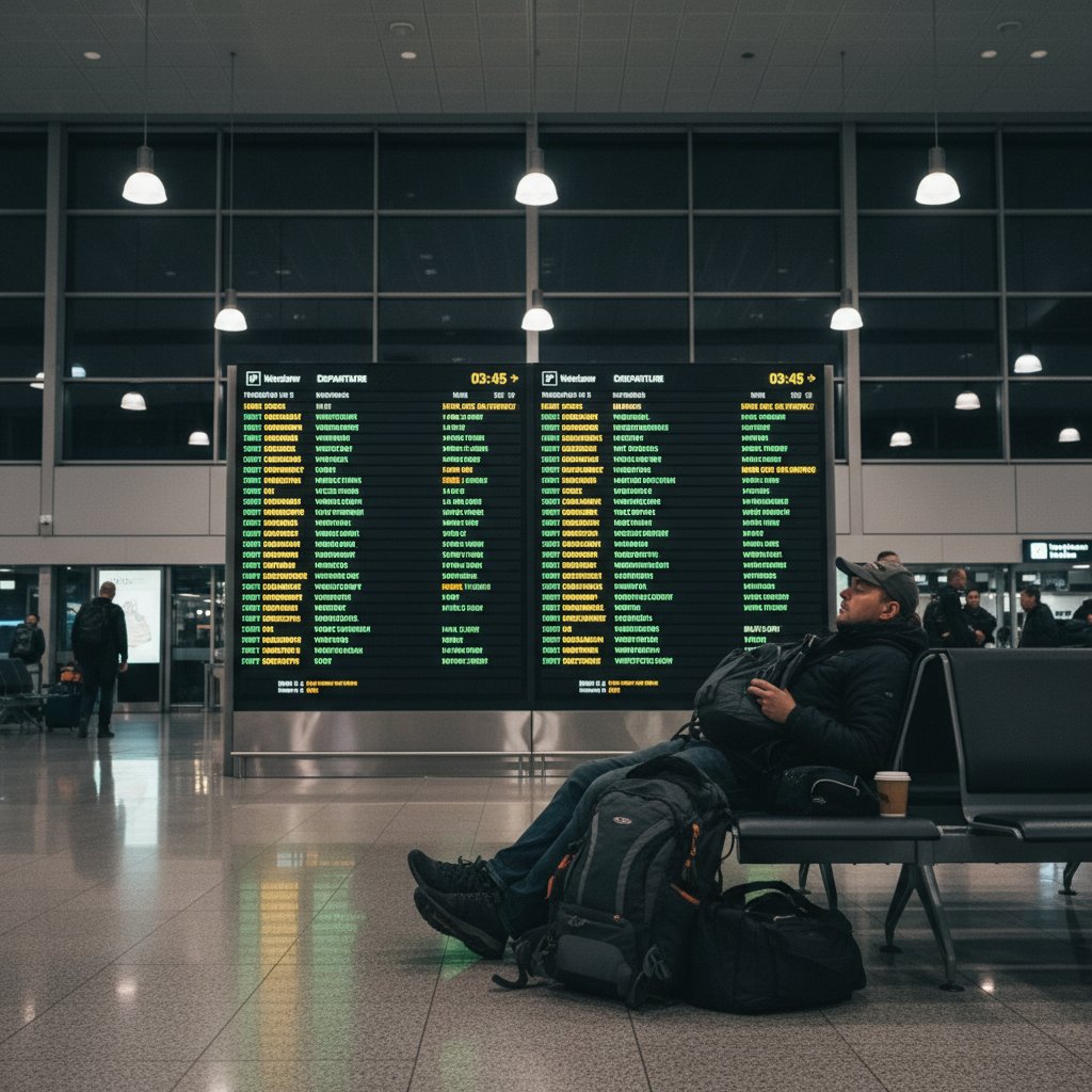 Zmęczony podróżny na lotnisku Chopina patrzy na tablicę odlotów – zdjęcie oddające stres i oczekiwanie wśród opóźnień lotów