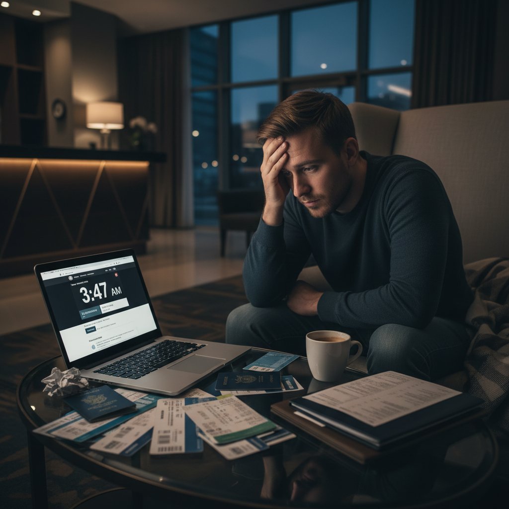 Zmęczony podróżny analizujący ceny biletów na komputerze w nocy, widoczny zegar i dokumenty