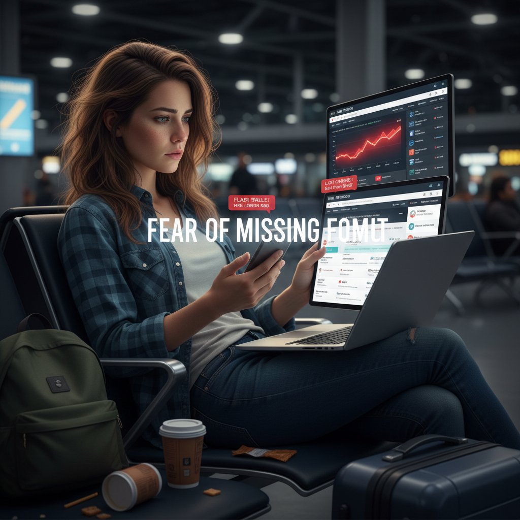 Photo of a tired traveler staring at multiple devices with flight deal notifications, overwhelmed by FOMO