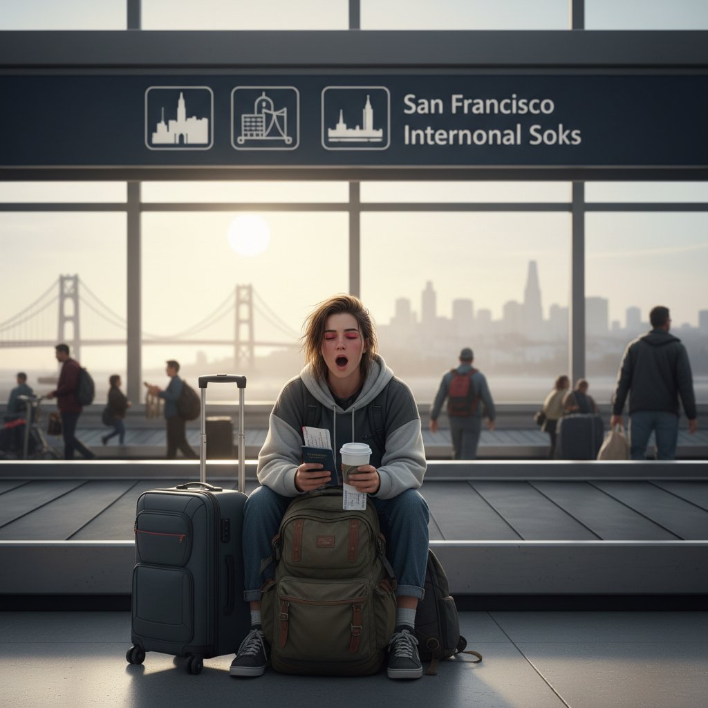 Zmęczony podróżnik z Polski odpoczywający po przylocie do San Francisco, zdjęcie pełne emocji