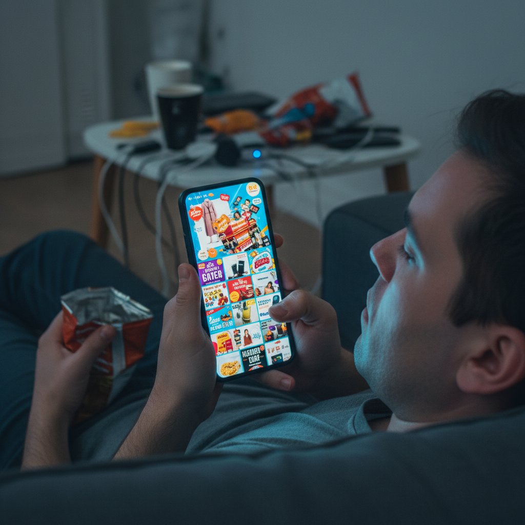 Zmęczony użytkownik przewijający reklamy na smartfonie, przeciążenie reklamami mobile