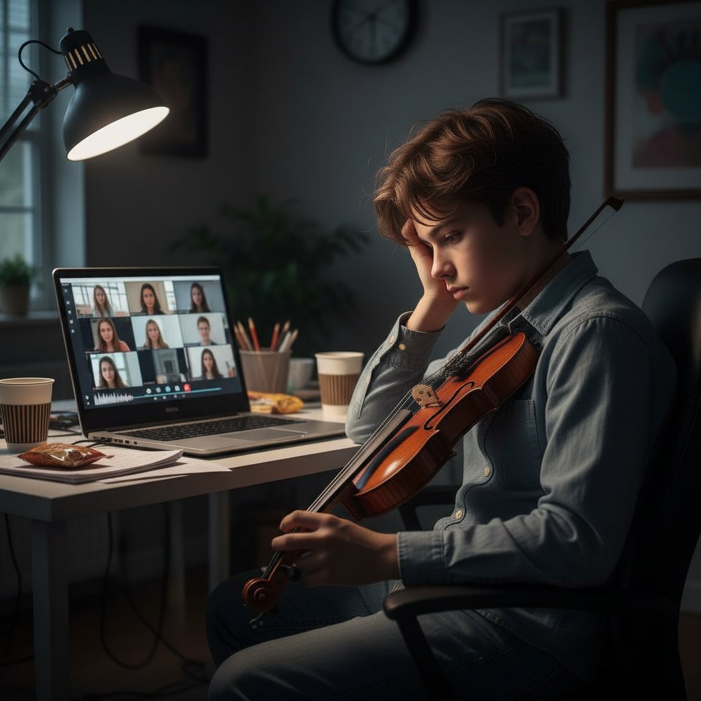 Zmęczony uczeń skrzypiec patrzy w ekran laptopa podczas długiej lekcji online