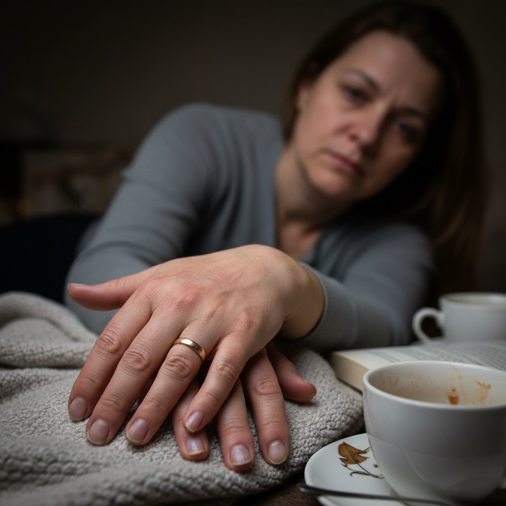 Zdjęcie dłoni z zaczerwienieniami, zmęczona młoda kobieta w domowym otoczeniu
